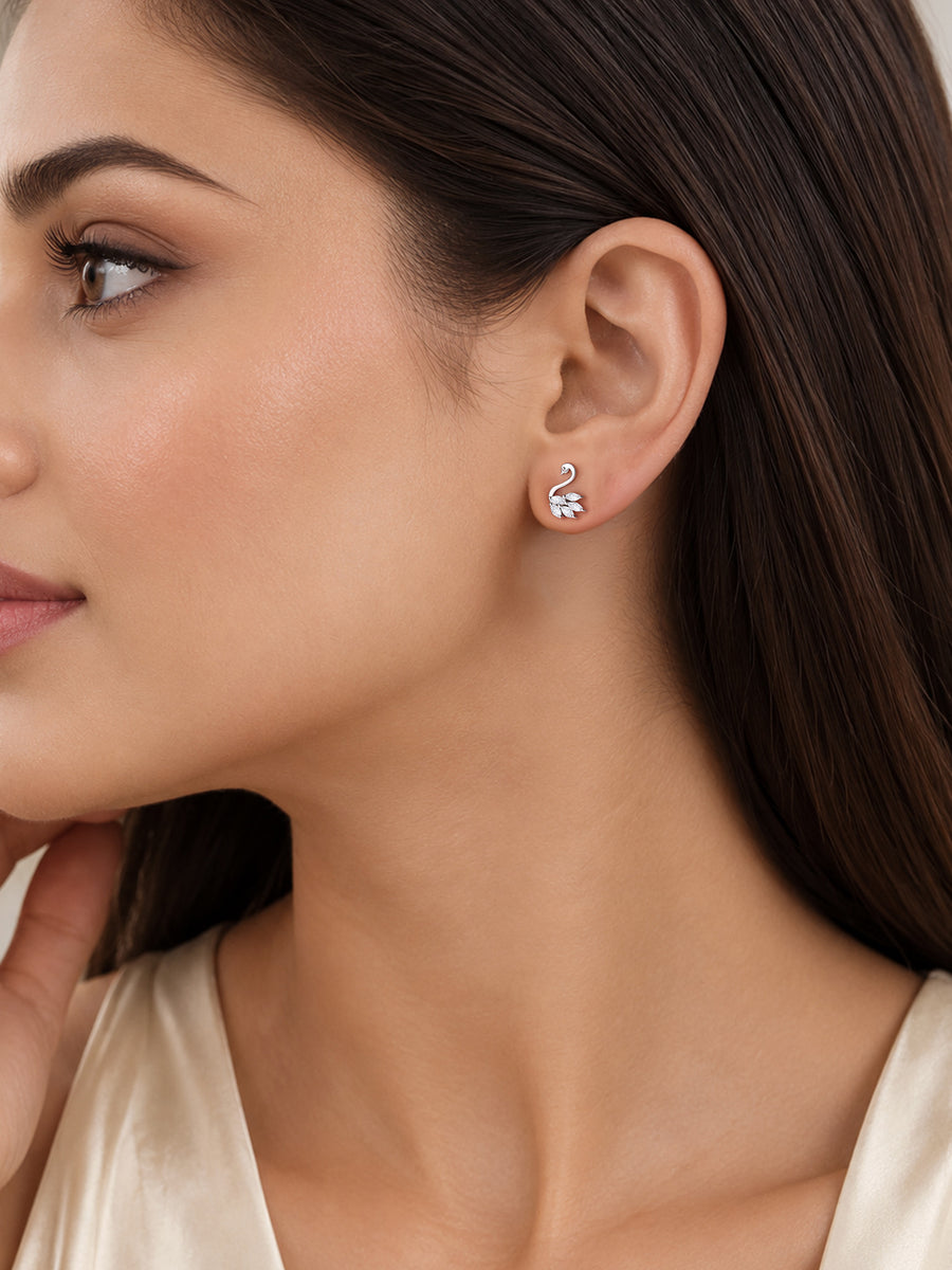 Graceful Swan American Diamond Silver Earrings