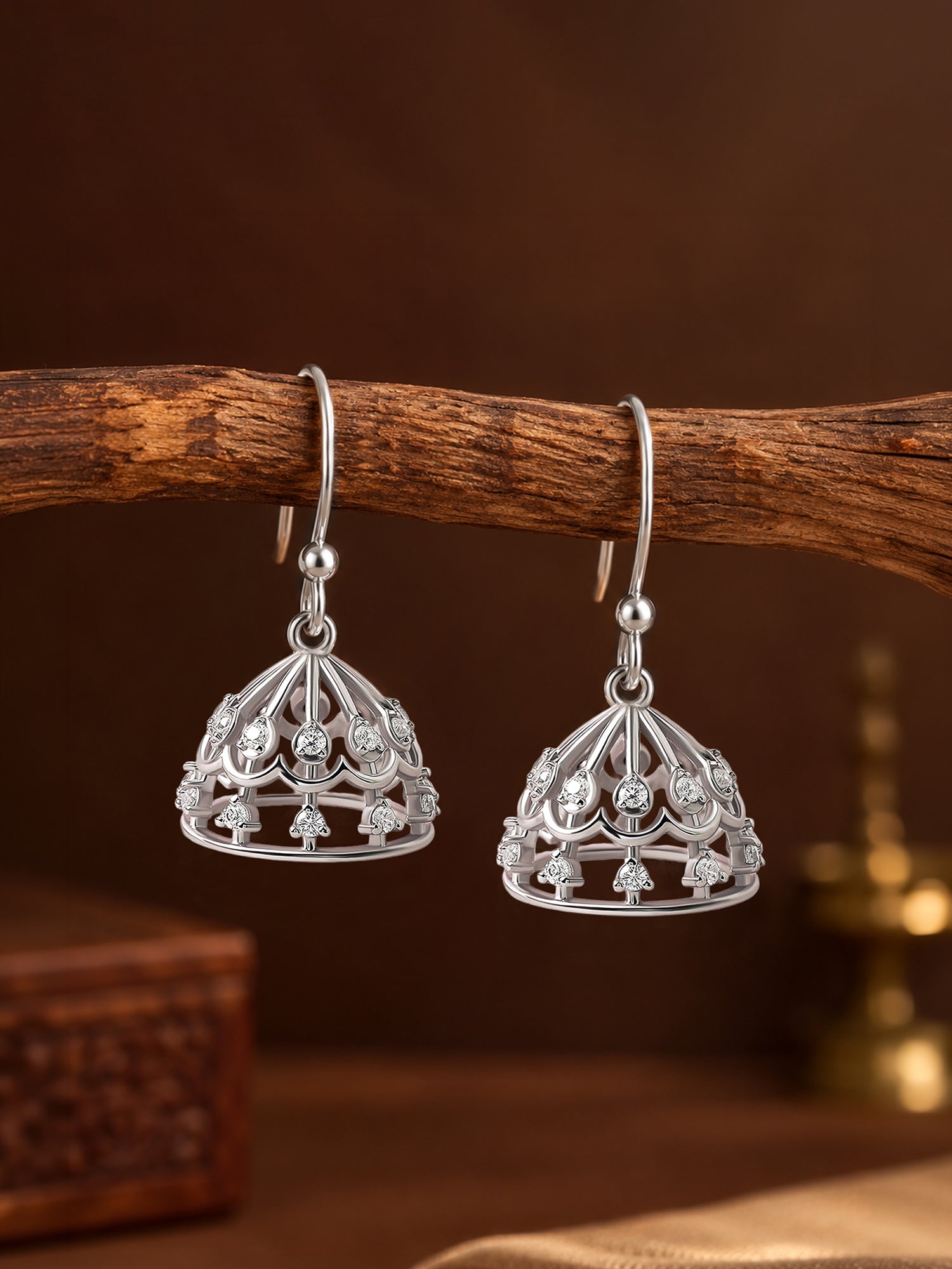 Silver American Diamond Hanging Dome Jhumka