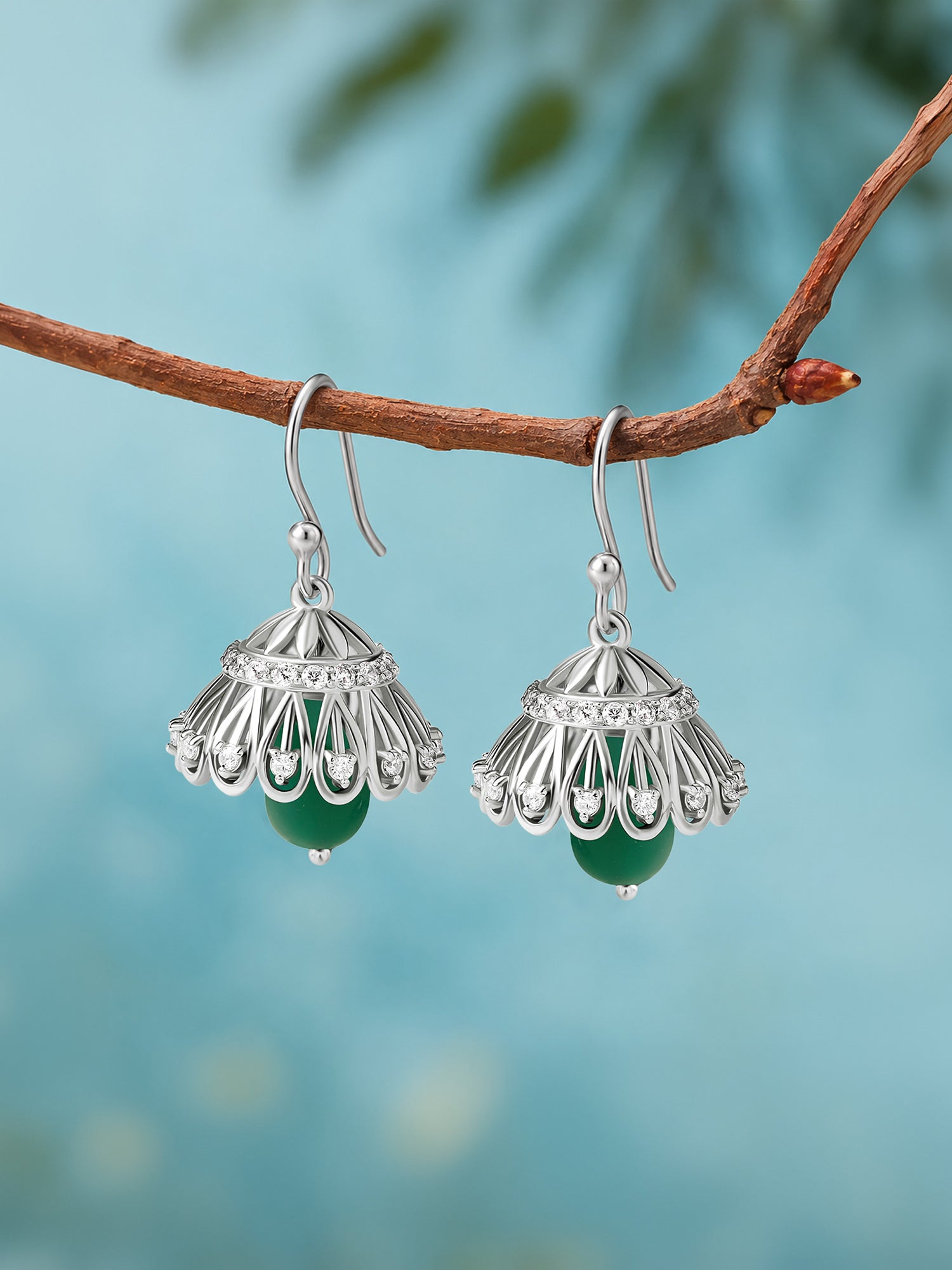 Silver Green Drop American Diamond Jhumka