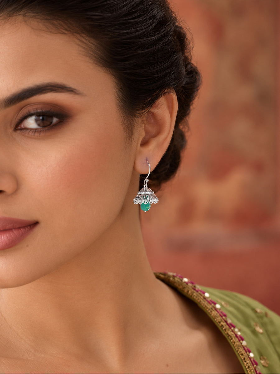 Silver Green Drop American Diamond Jhumka