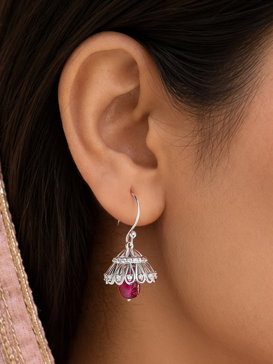 Silver Red Drop American Diamond Jhumka