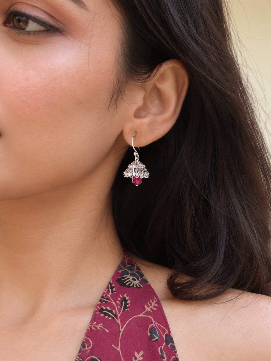 Silver Red Drop American Diamond Jhumka