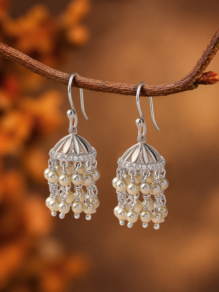 Silver American Diamond Pearl Fringe Jhumka