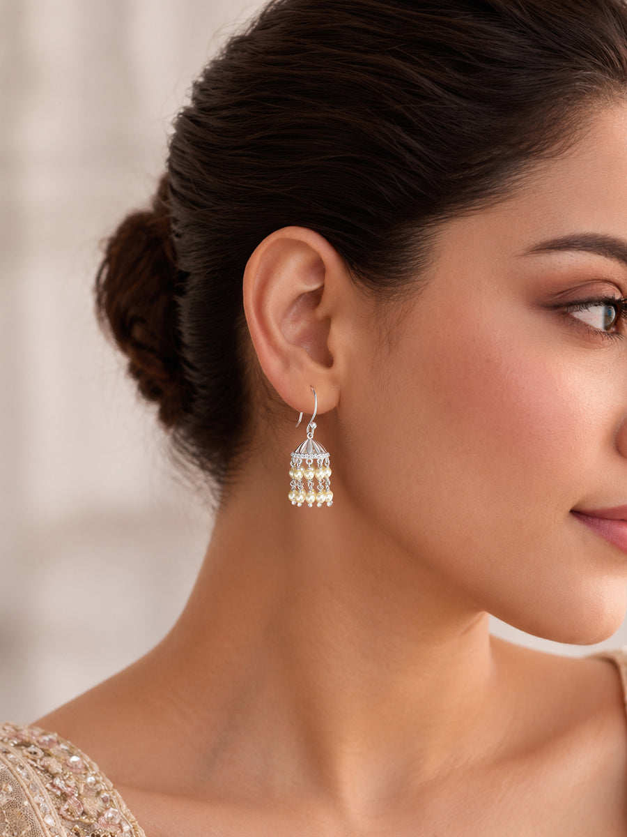 Silver American Diamond Pearl Fringe Jhumka