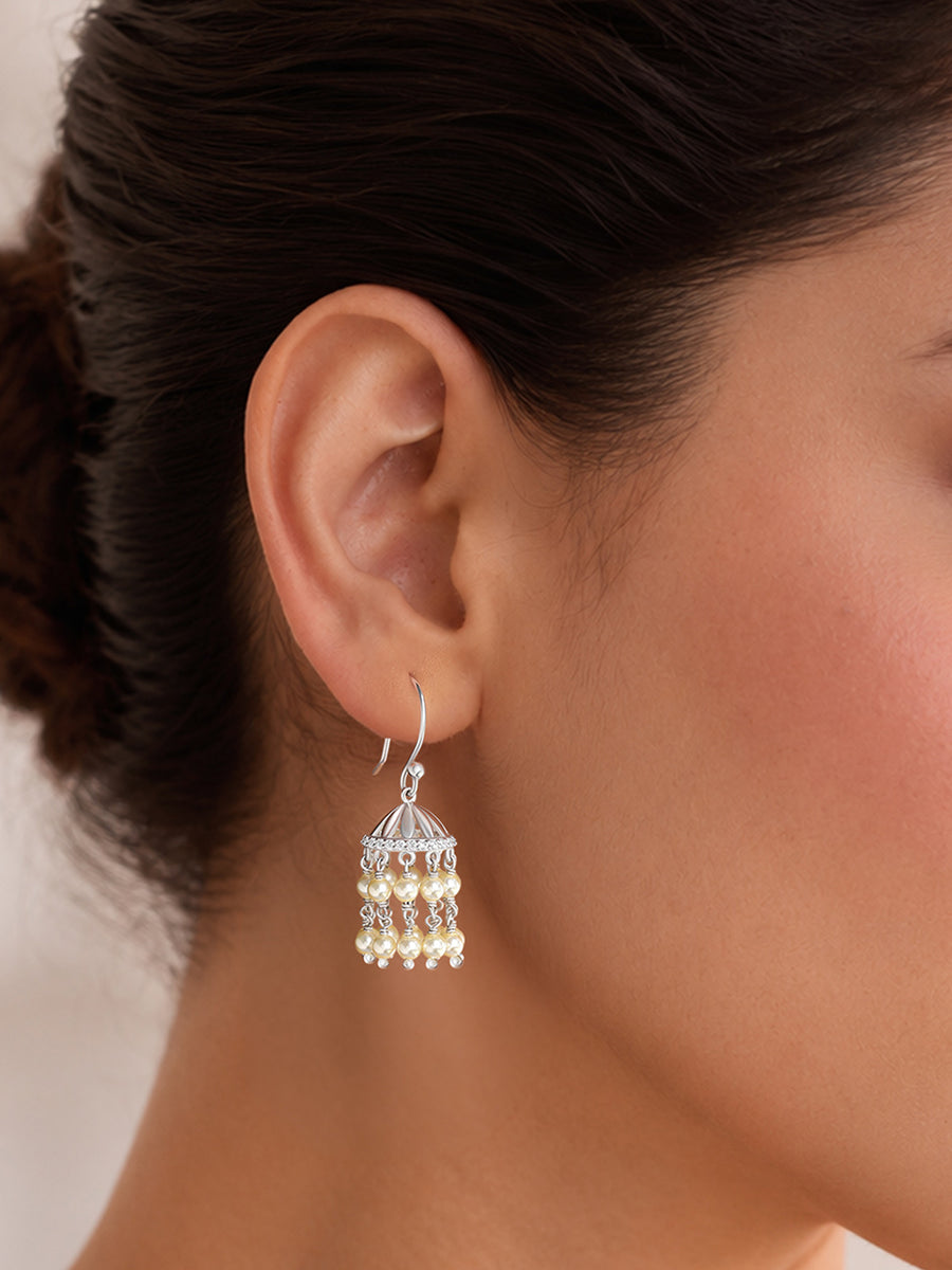 Silver American Diamond Pearl Fringe Jhumka