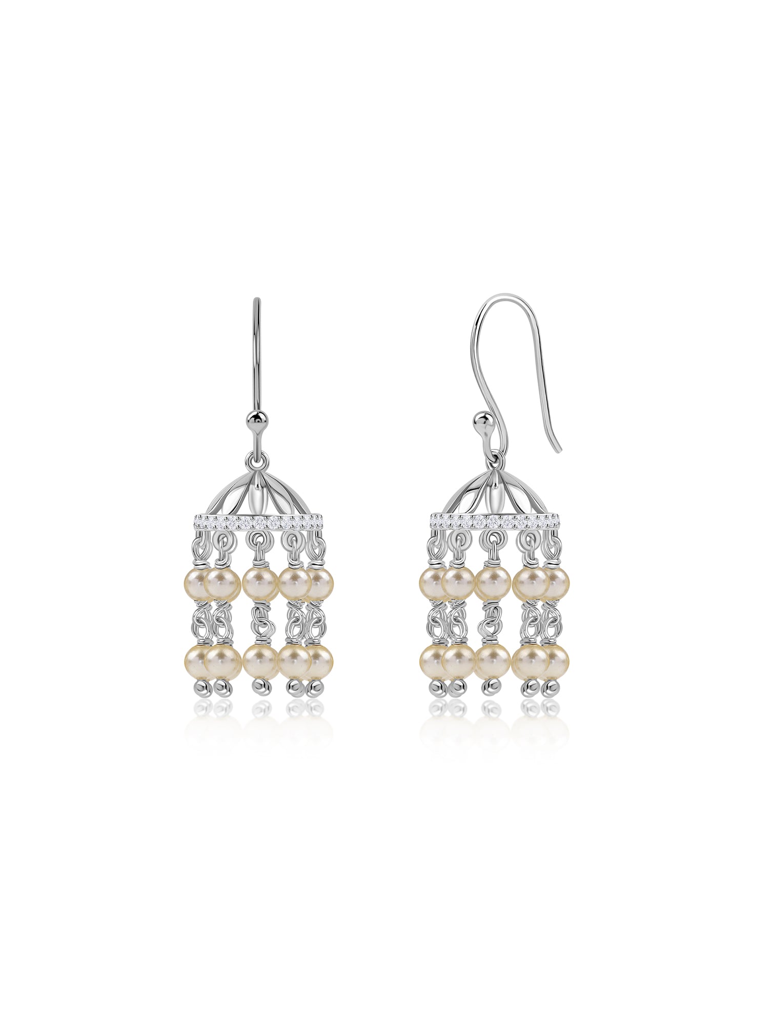 Silver American Diamond Pearl Fringe Jhumka