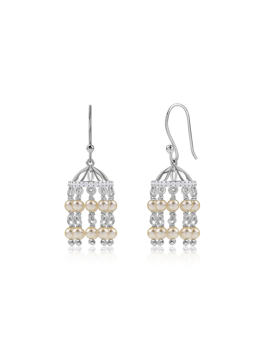 Silver American Diamond Pearl Fringe Jhumka