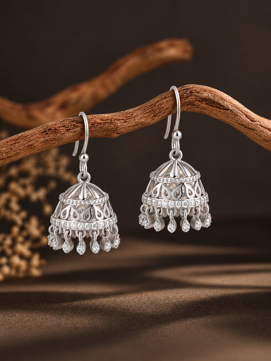 Silver American Diamond Layered Drop Jhumka