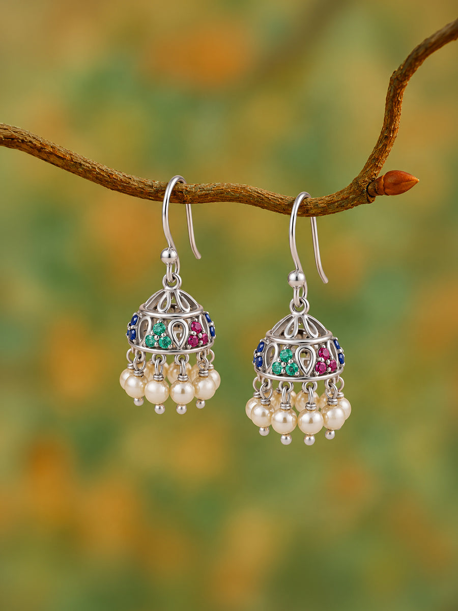 Silver Multicolour CZ Stone Pearl Jhumka