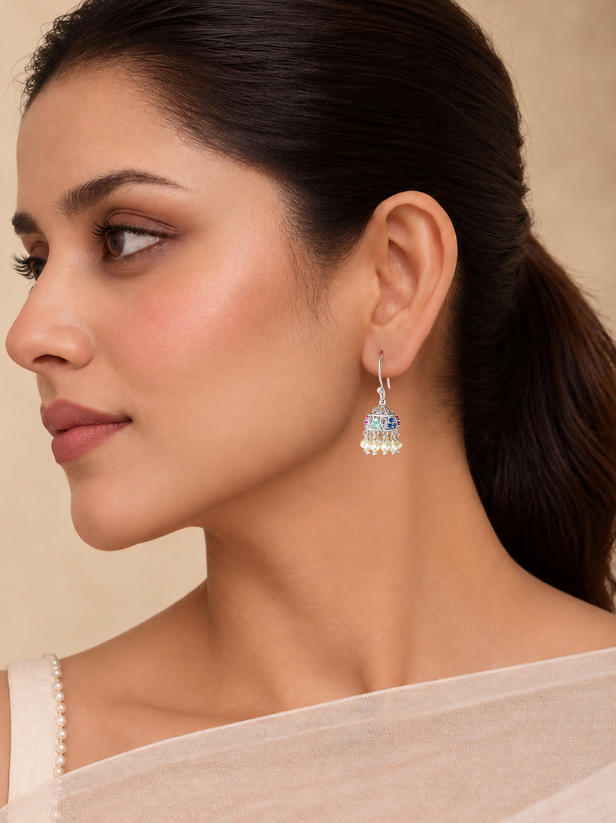 Silver Multicolour CZ Stone Pearl Jhumka