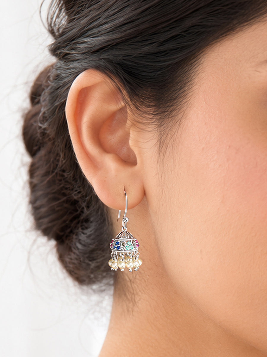 Silver Multicolour CZ Stone Pearl Jhumka