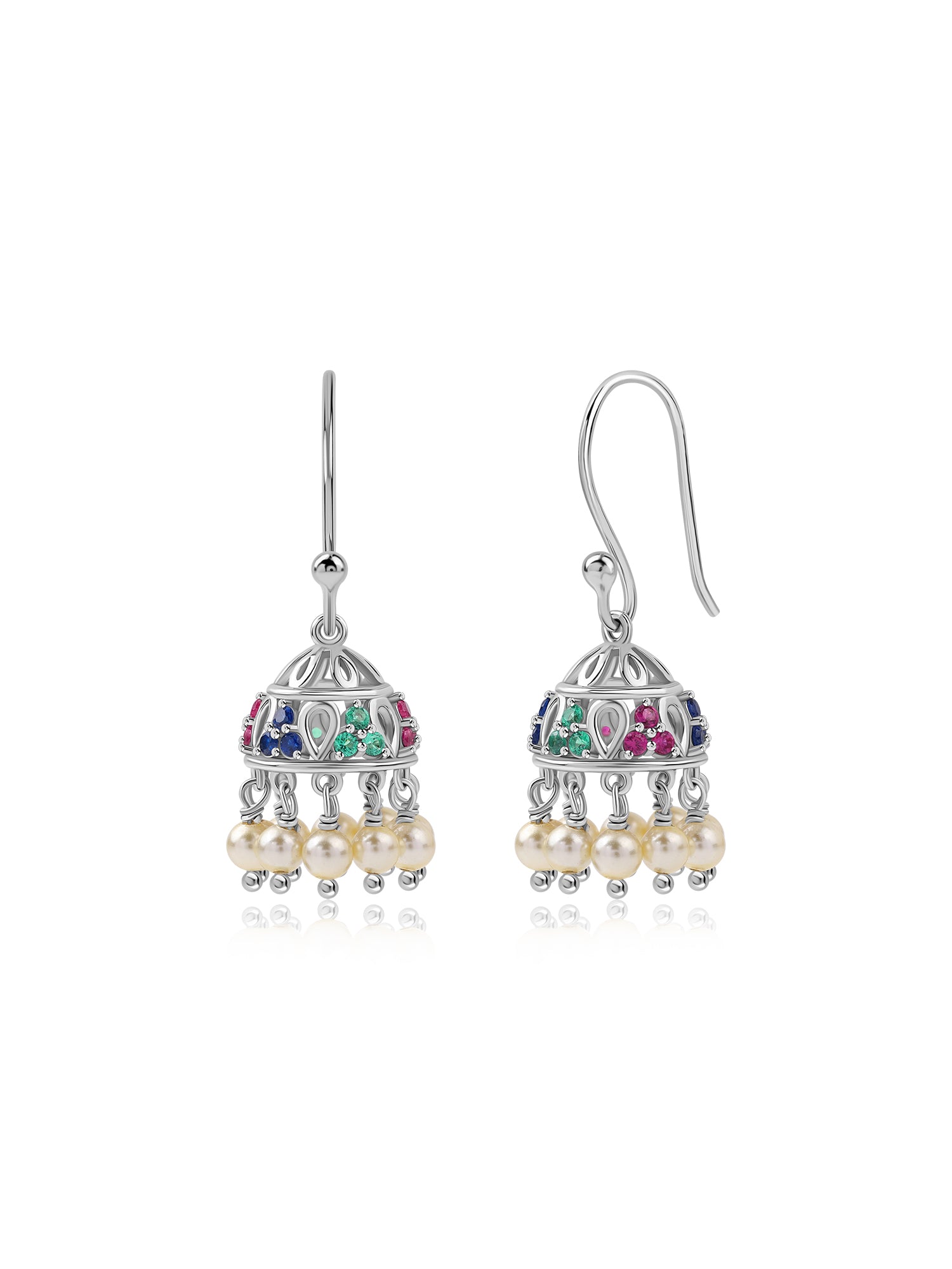 Silver Multicolour CZ Stone Pearl Jhumka