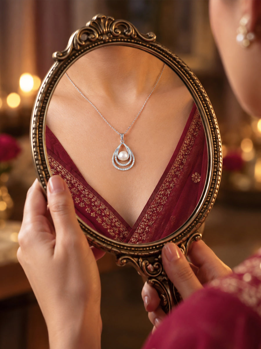 Ornate Pearl Silver Drop Pendant with Chain for Women
