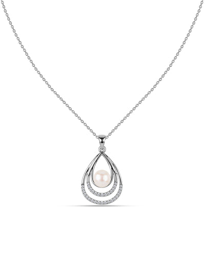 Ornate Pearl Silver Drop Pendant with Chain for Women