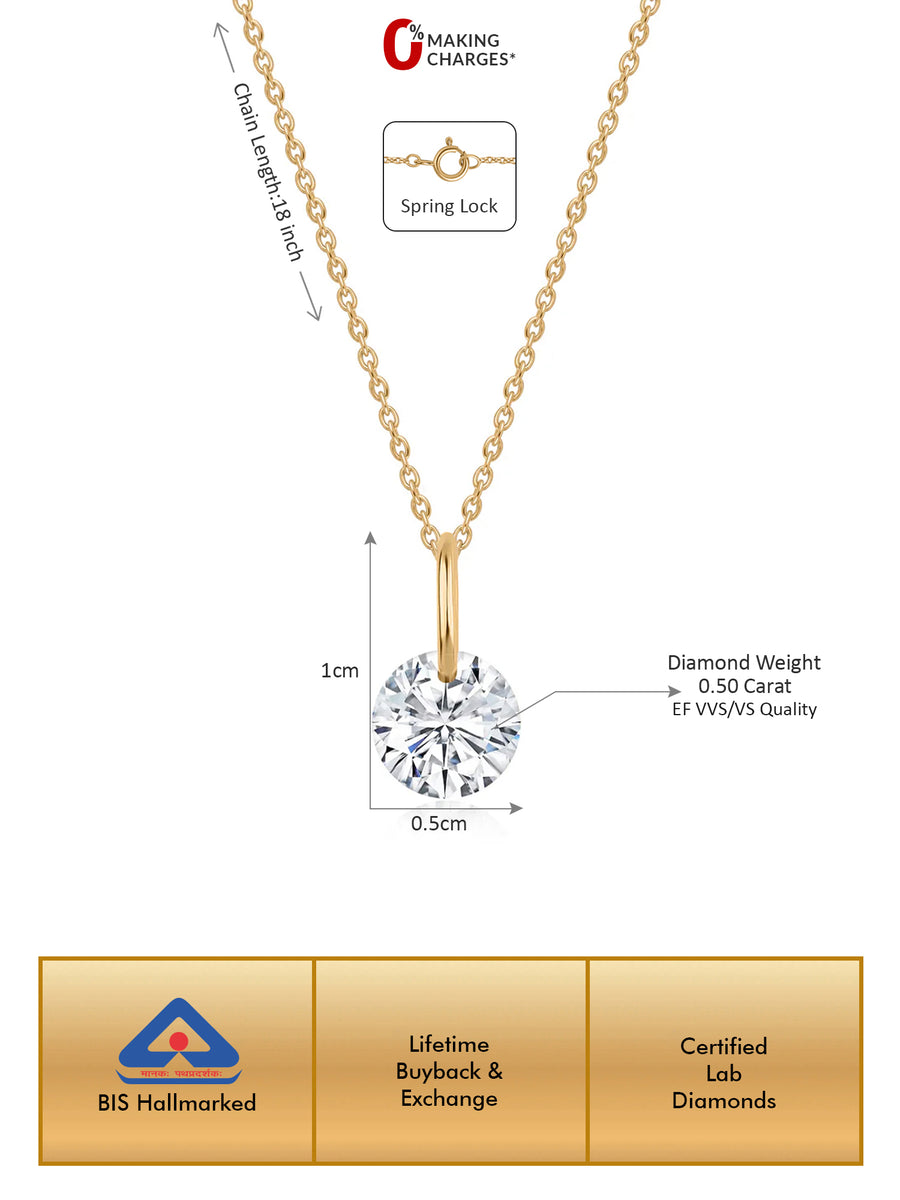 Lab Grown 0.5 Carat Solitaire Diamond Pendant With Chain