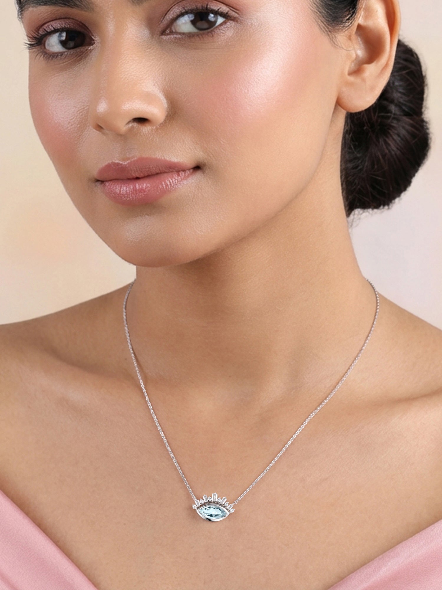 Ethnic Blue Aquamarine Eye Necklace in Silver