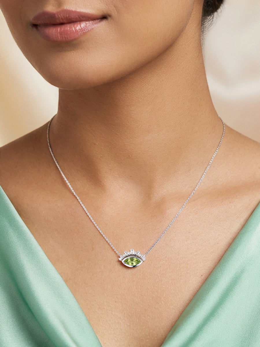 Natural Peridot Eye Necklace in Silver