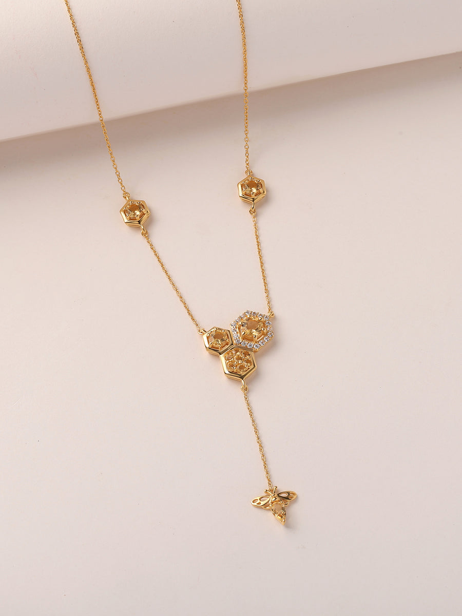 Natural Citrine Bee Design Silver Necklace