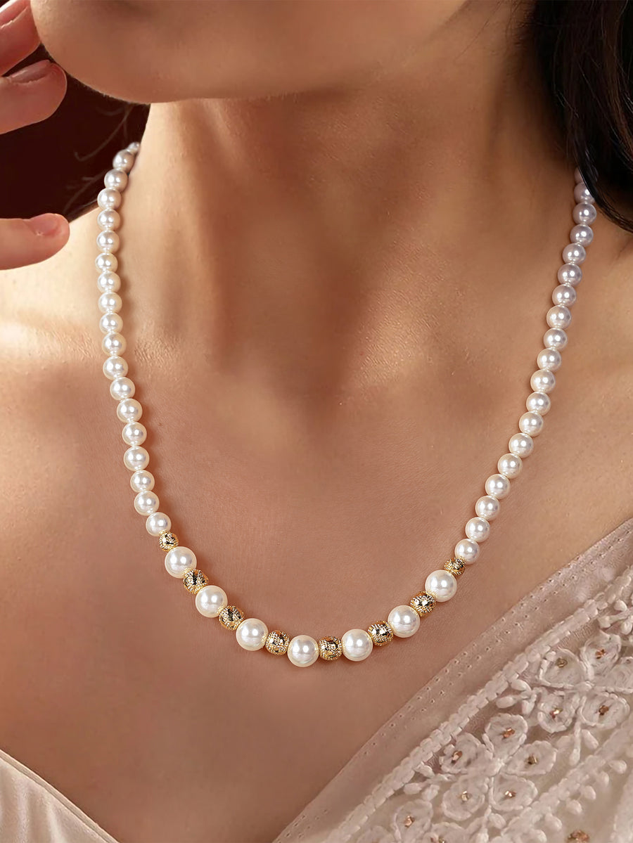 Shell Pearl Line Necklace With Golden Metal Balls
