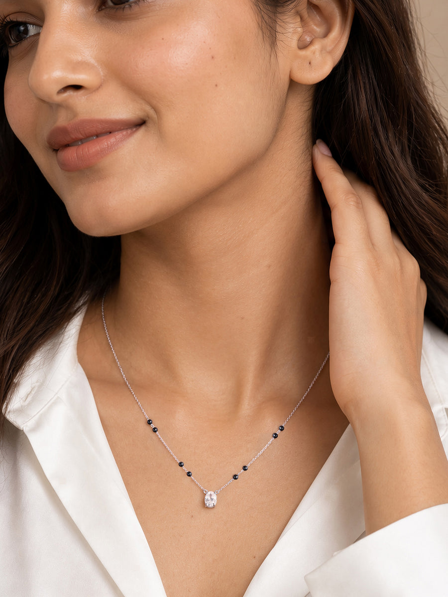 Silver Oval Solitaire American Diamond Mangalsutra