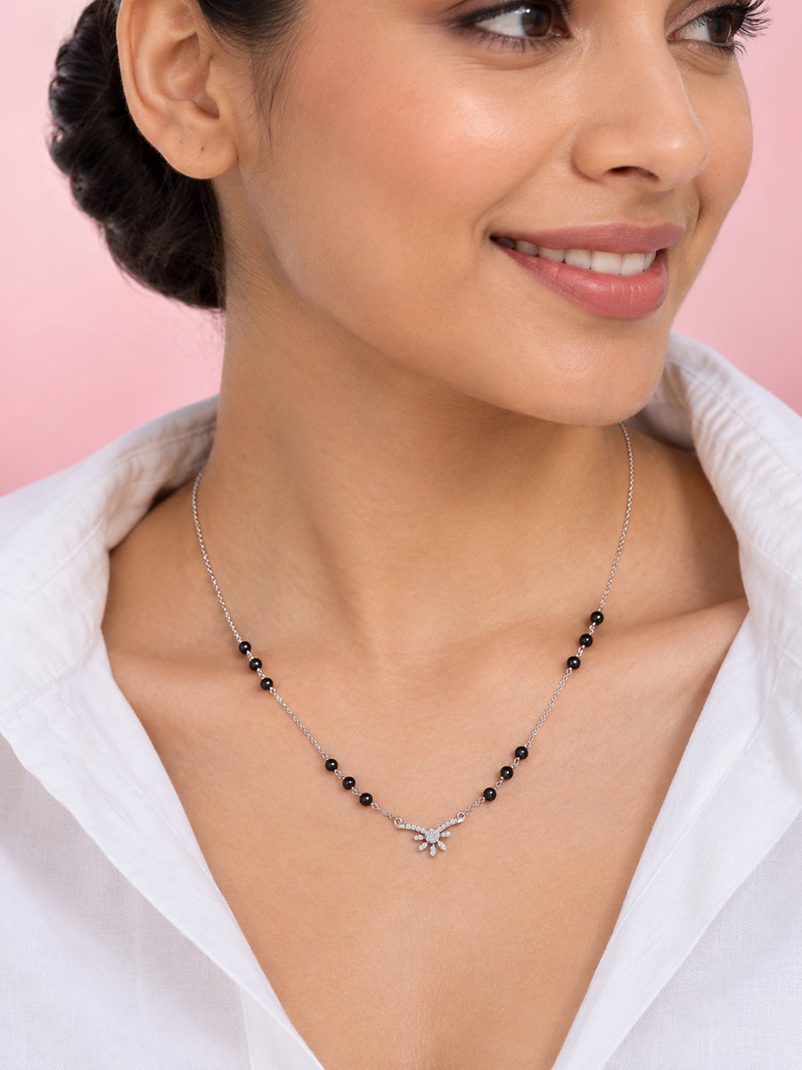 Silver American Diamond Floral Spray Mangalsutra