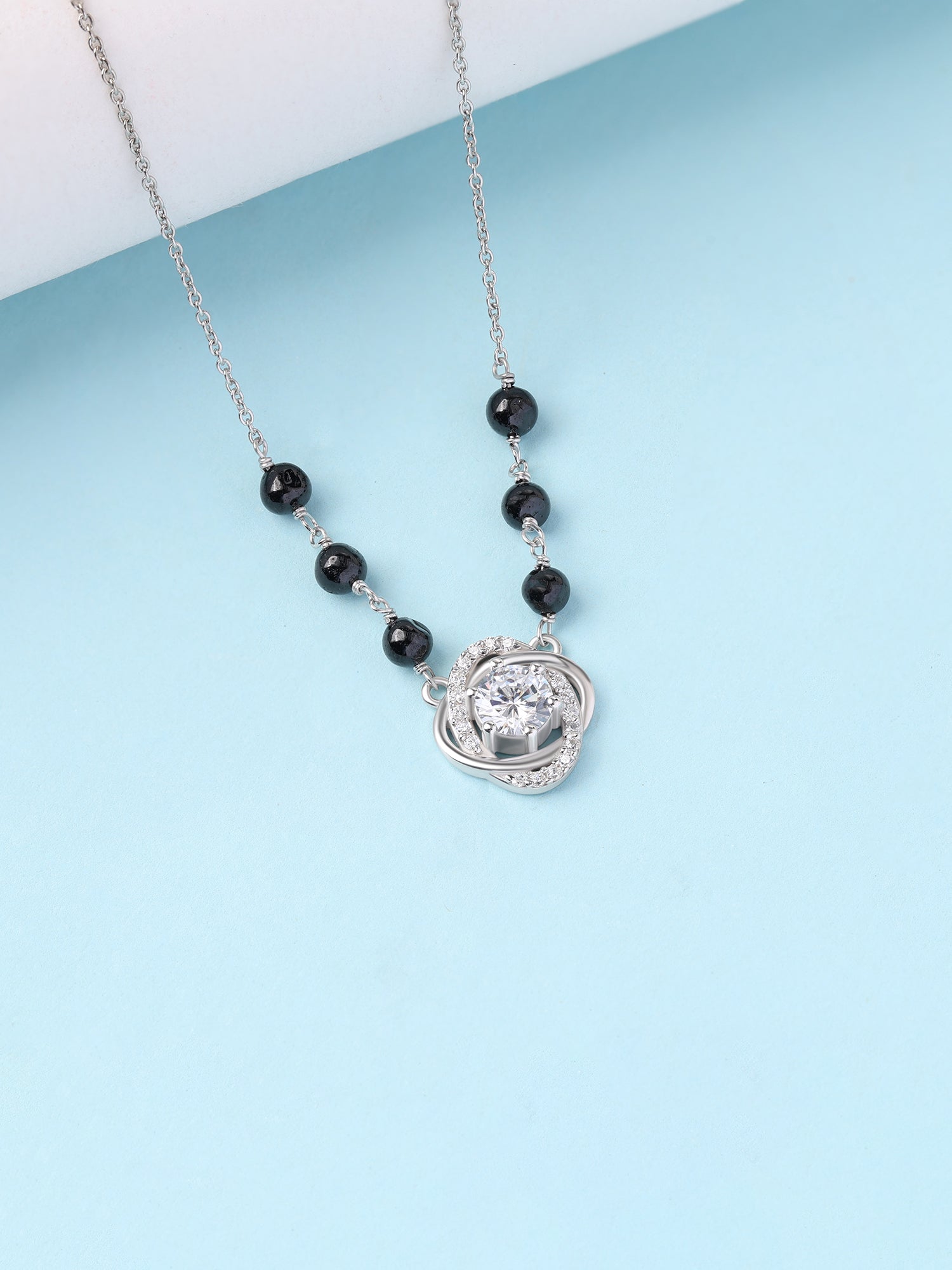 Silver American Diamond Halo Pendant Mangalsutra