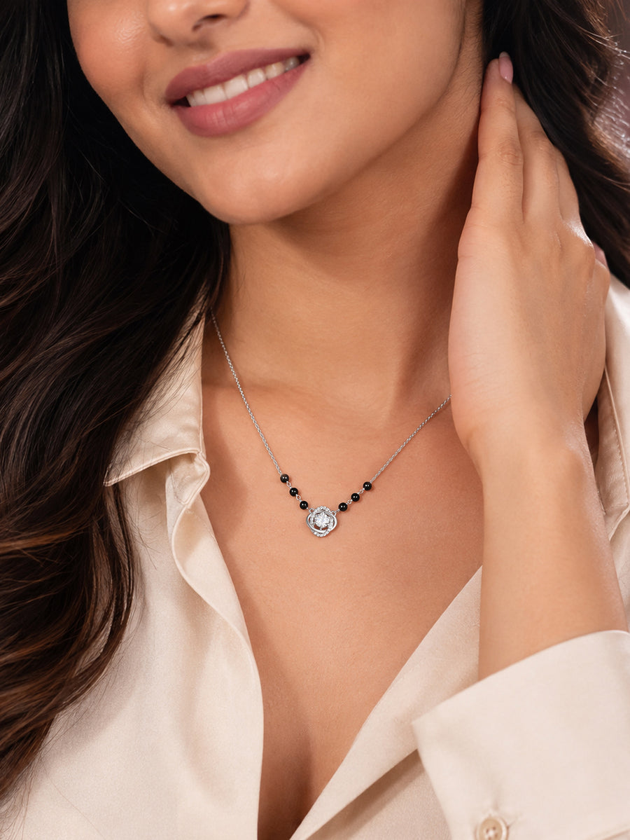 Silver American Diamond Halo Pendant Mangalsutra
