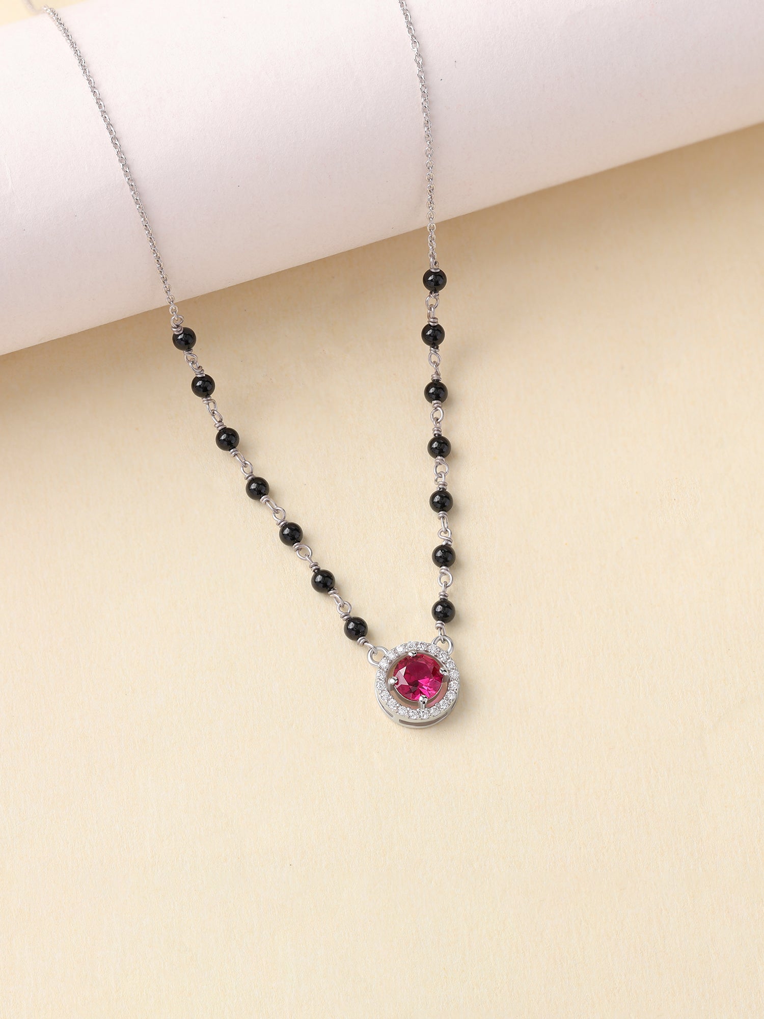 Red Ruby CZ Silver Halo Mangalsutra