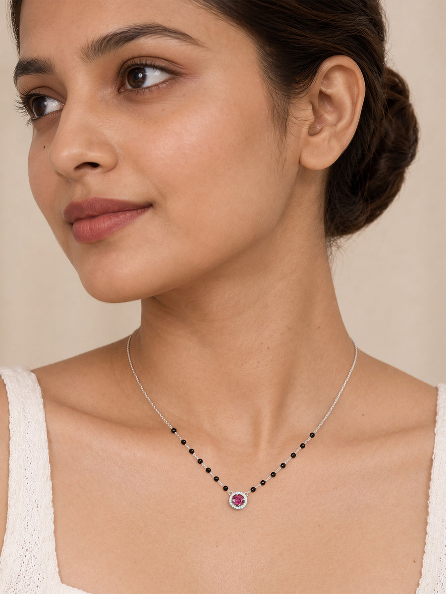 Red Ruby CZ Silver Halo Mangalsutra