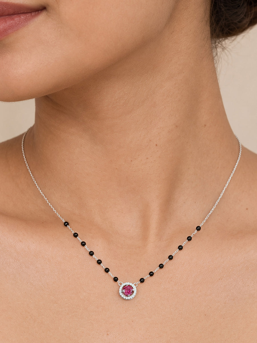 Red Ruby CZ Silver Halo Mangalsutra