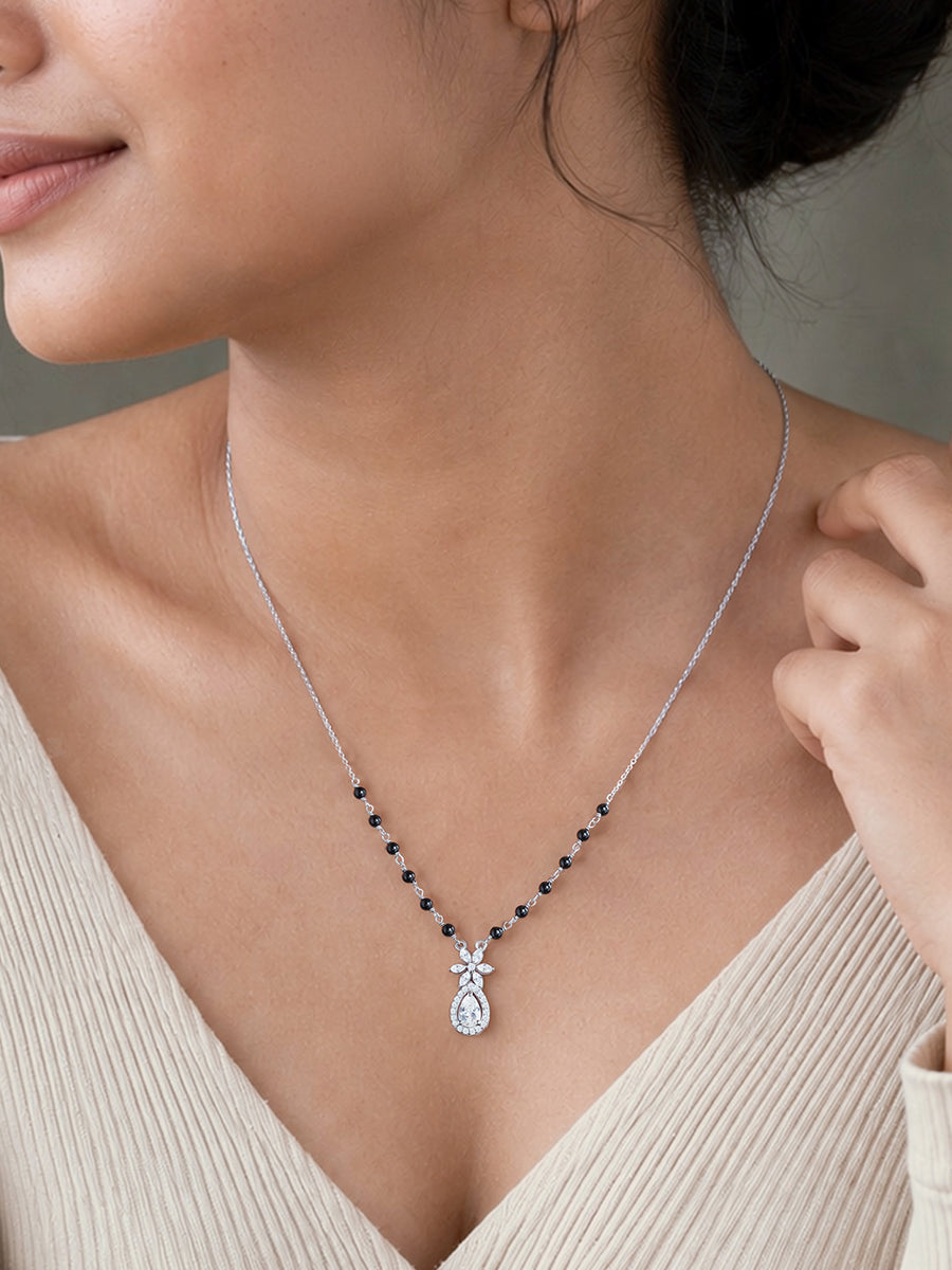 Teardrop Floral Pendant Silver Mangalsutra