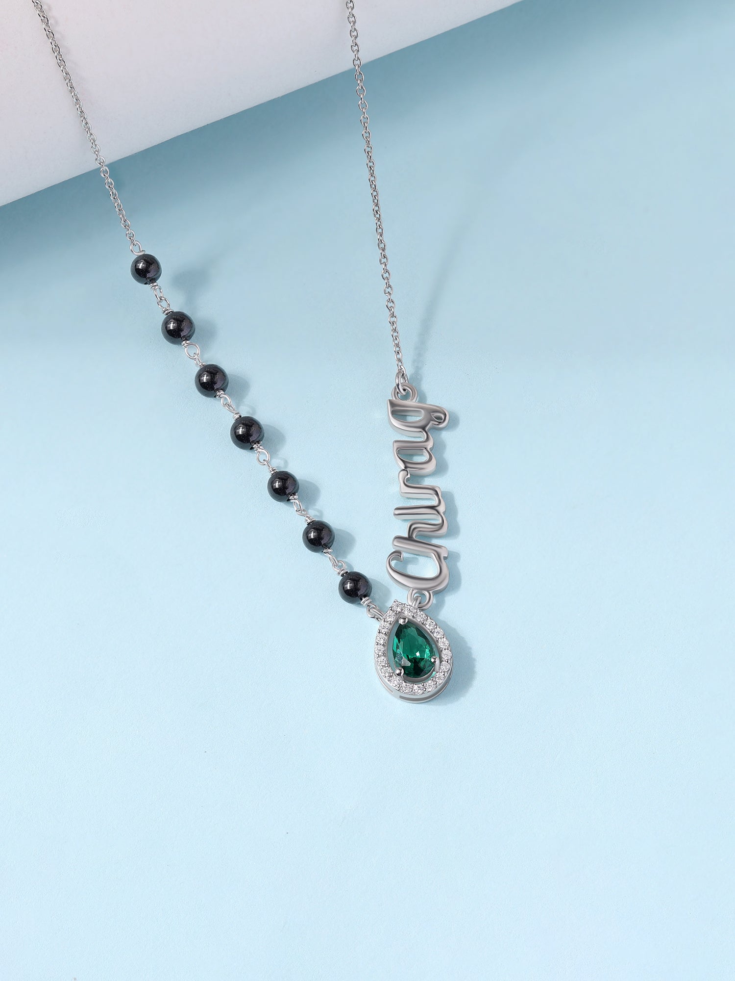 Personalised Silver Emerald CZ Name Mangalsutra