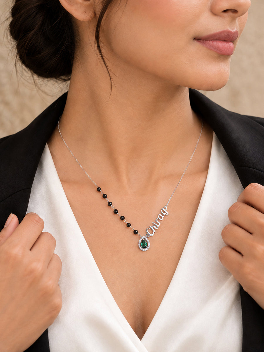 Personalised Silver Emerald CZ Name Mangalsutra