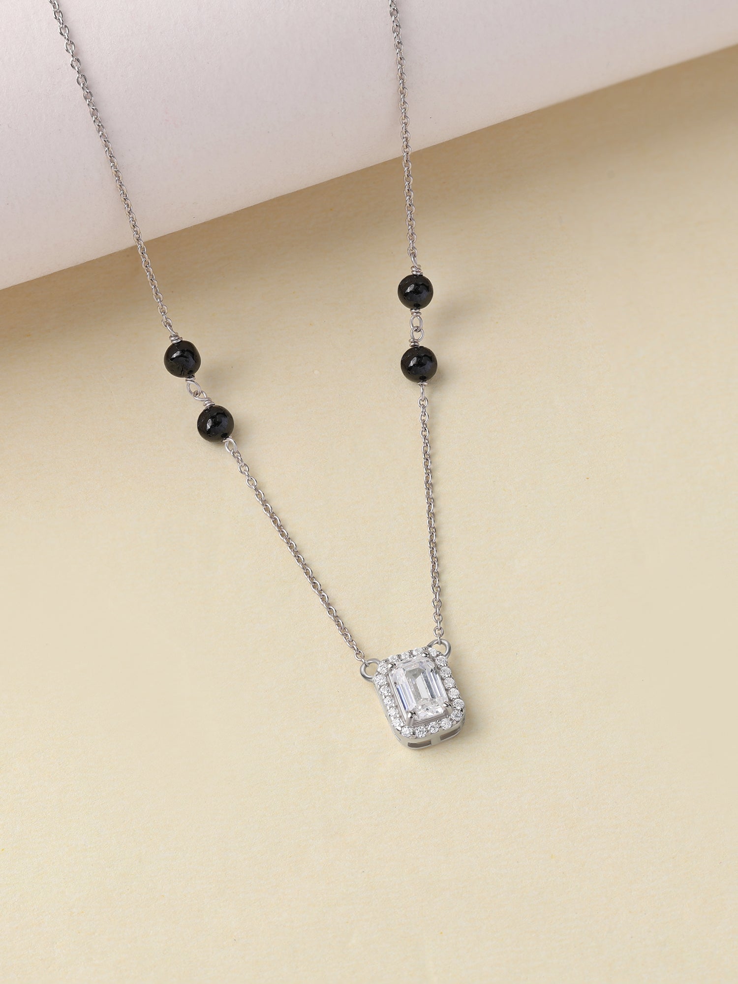 American Diamond Baguette Halo Silver Mangalsutra