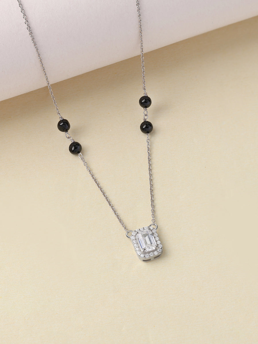American Diamond Baguette Halo Silver Mangalsutra