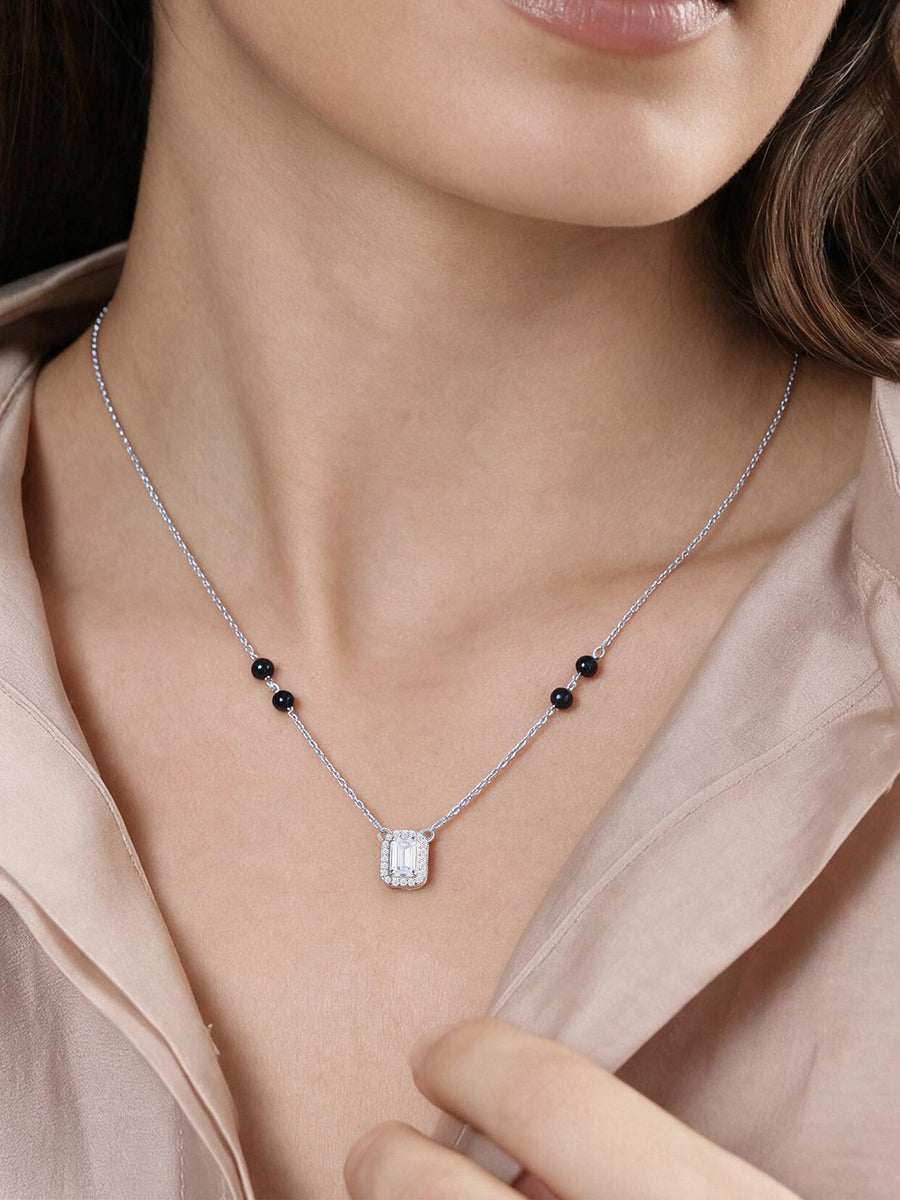 American Diamond Baguette Halo Silver Mangalsutra