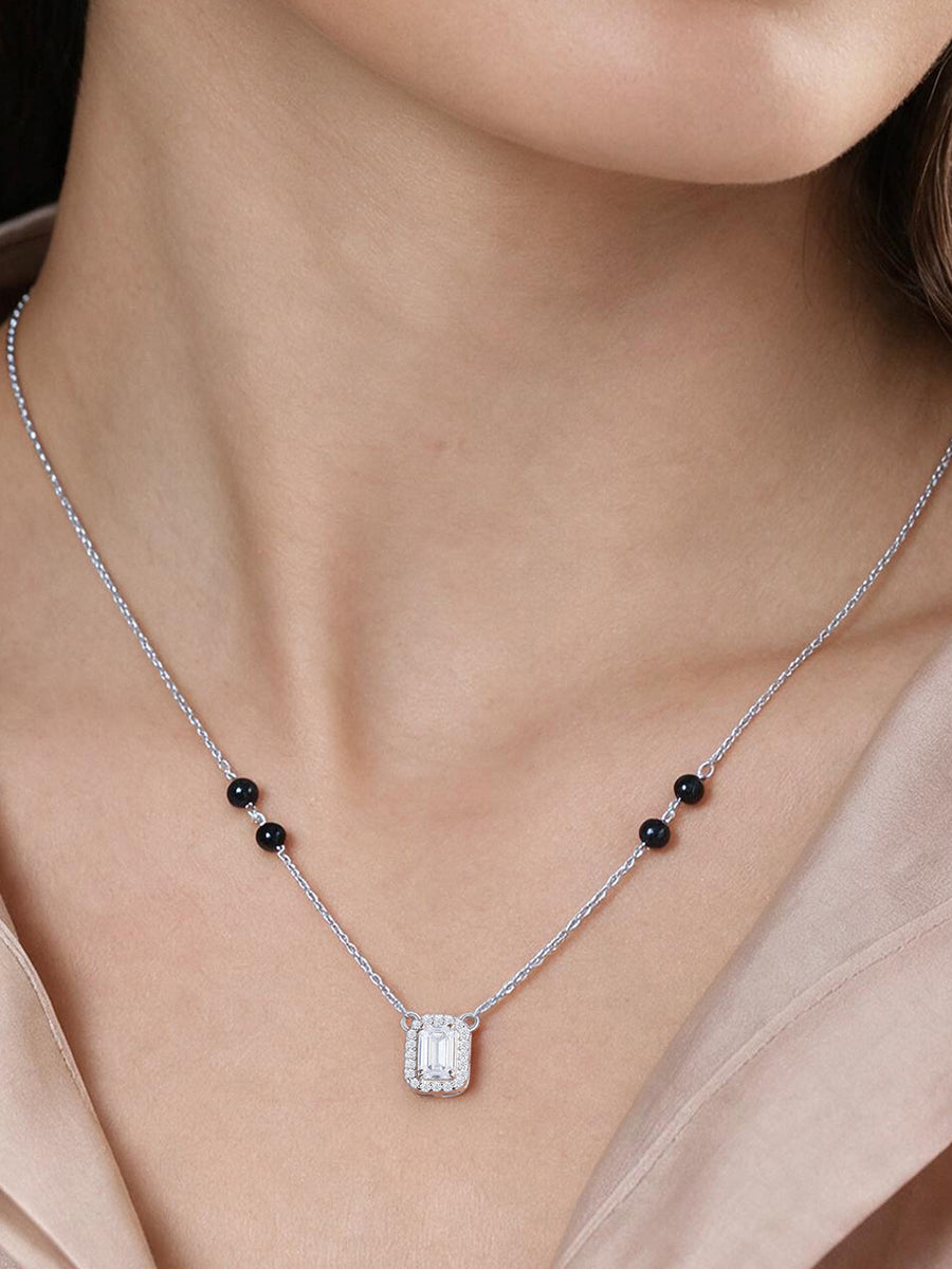 American Diamond Baguette Halo Silver Mangalsutra