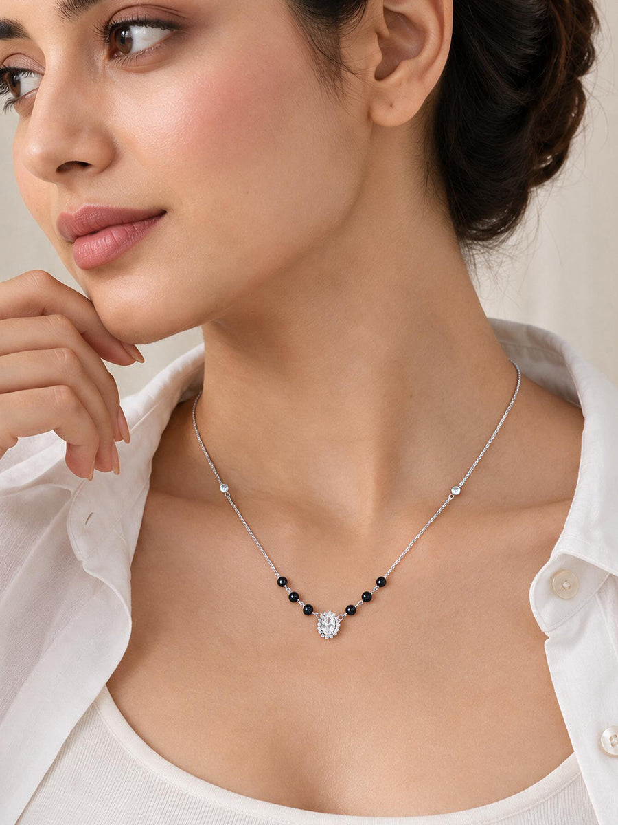 Silver Oval Cluster American Diamond Mangalsutra