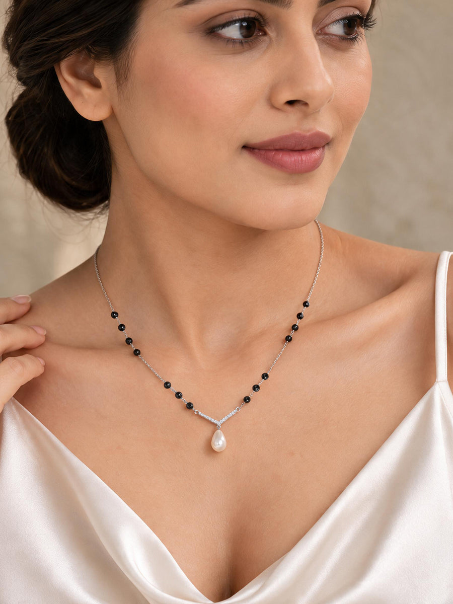 Silver American Diamond Pearl Drop Mangalsutra