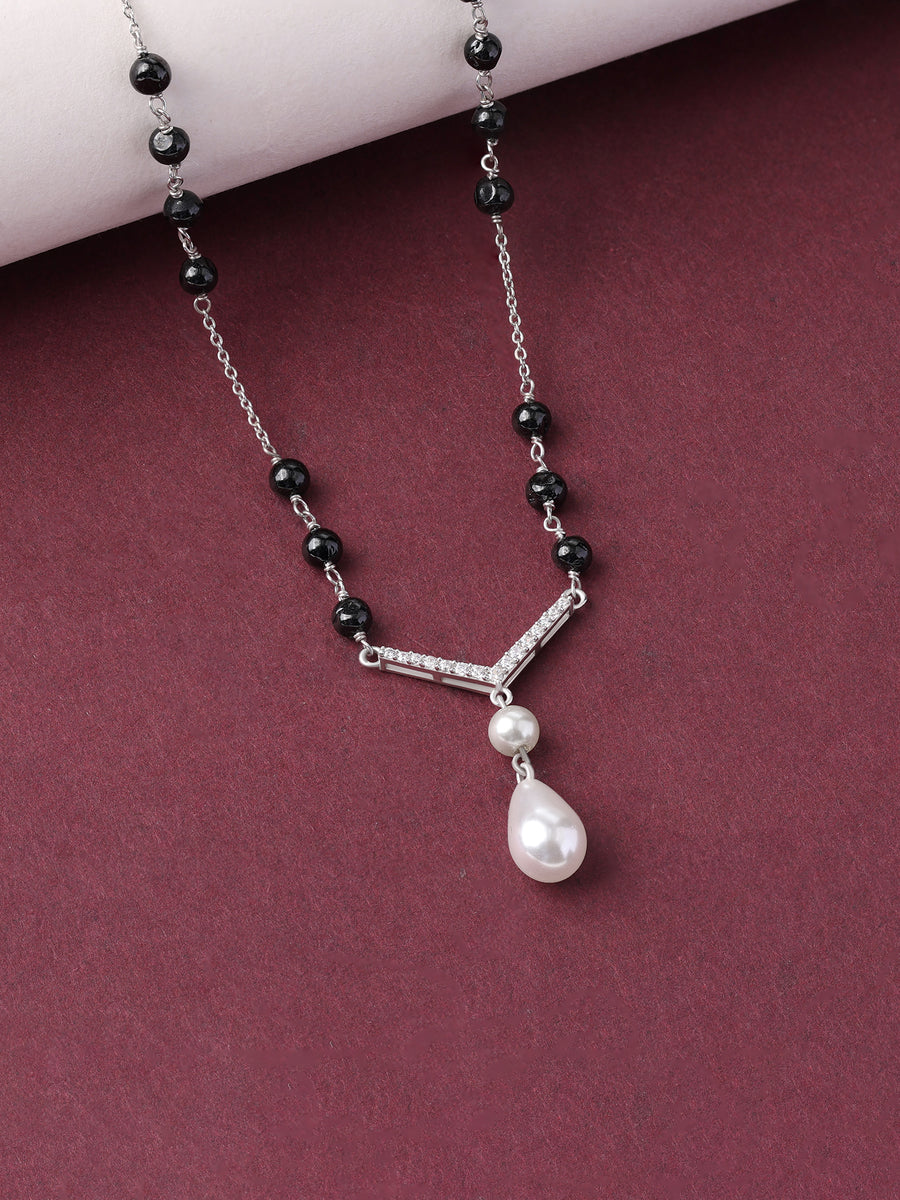 Silver American Diamond Double Pearl Drop Mangalsutra