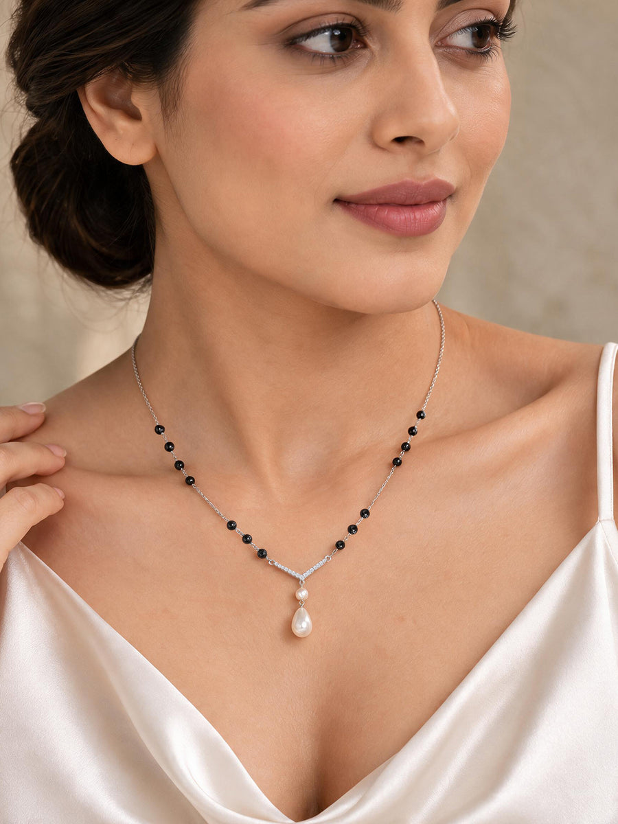 Silver American Diamond Double Pearl Drop Mangalsutra