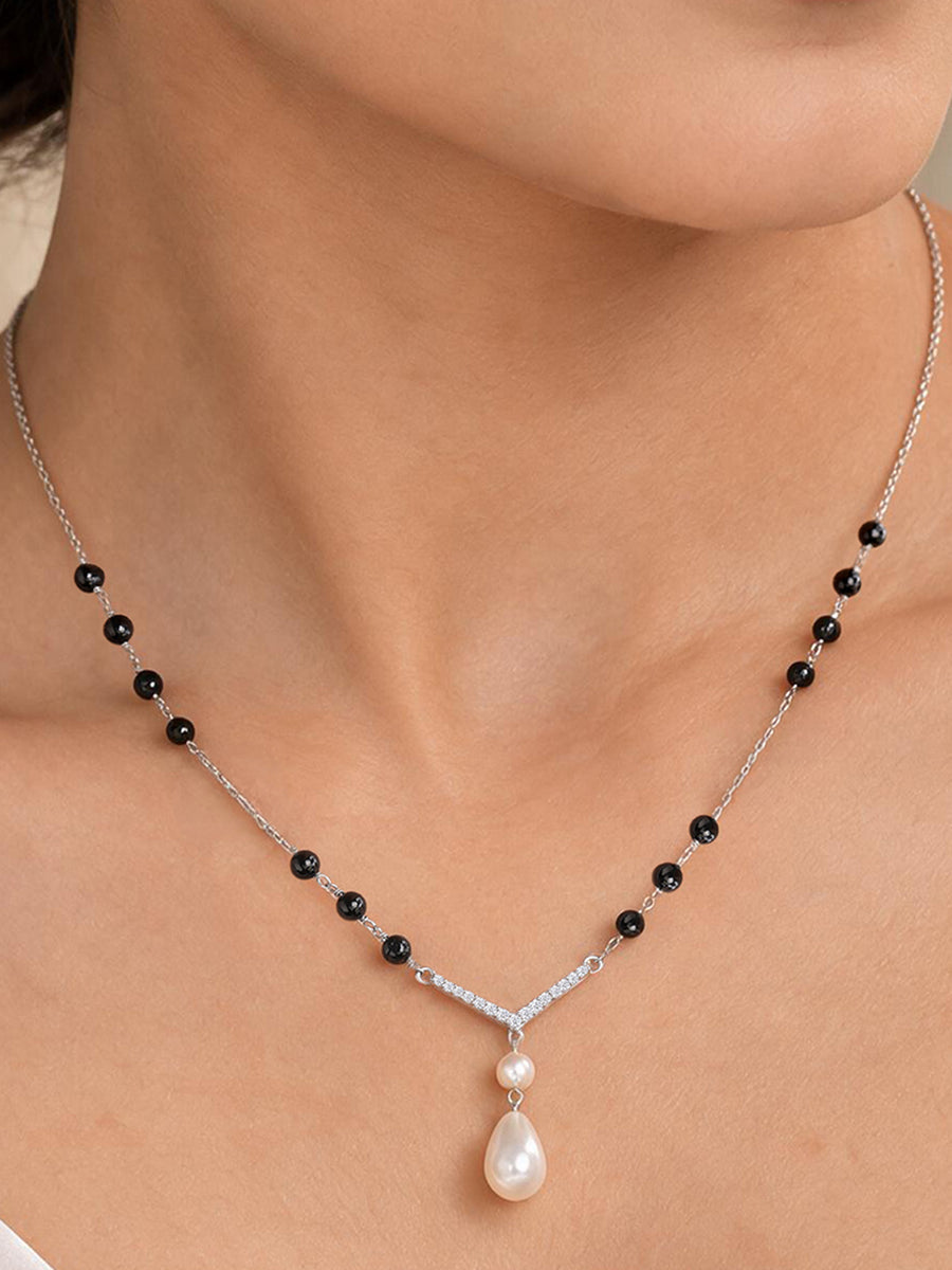 Silver American Diamond Double Pearl Drop Mangalsutra