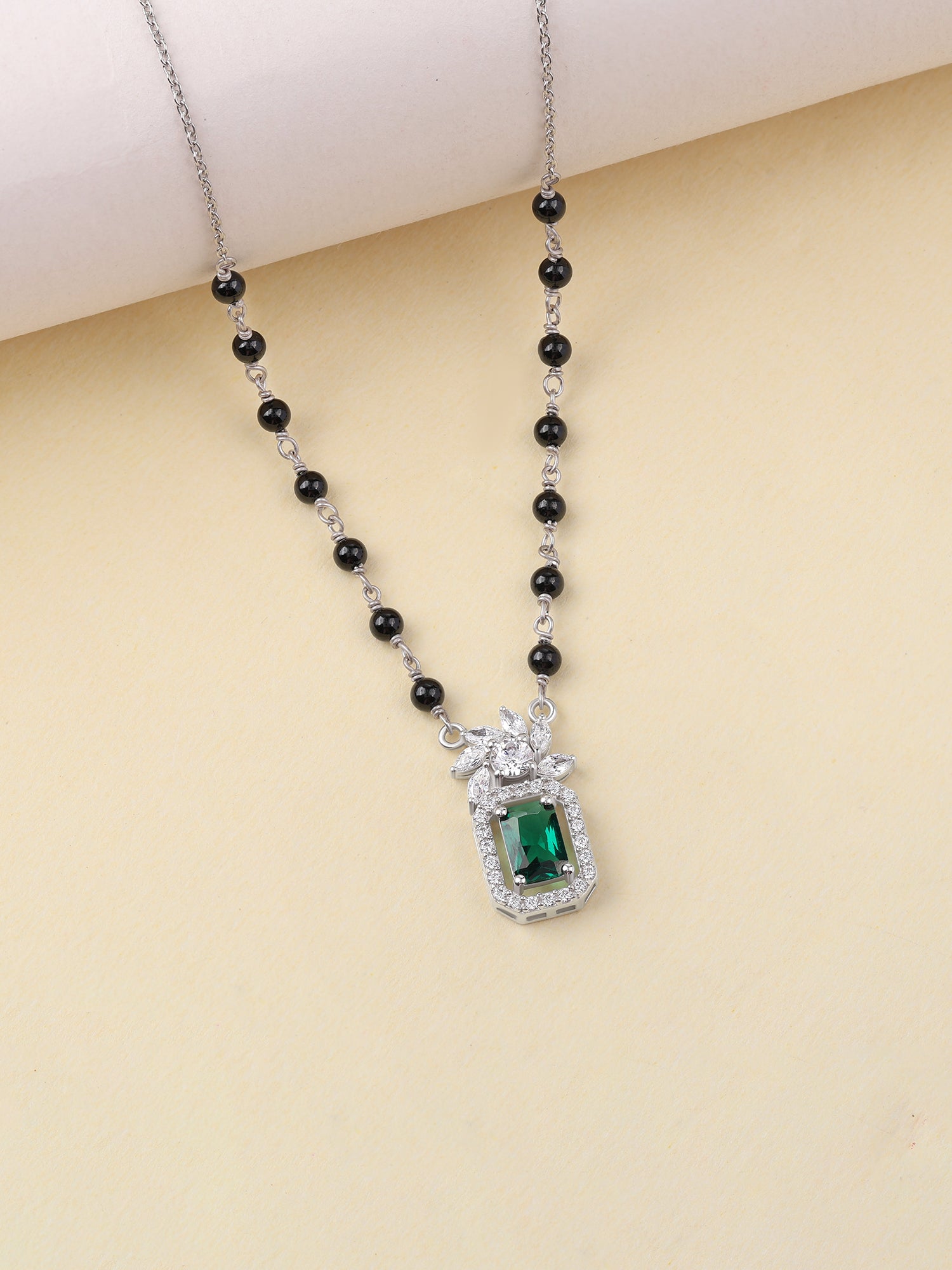 Green Emerald CZ Octagon Halo Silver Mangalsutra