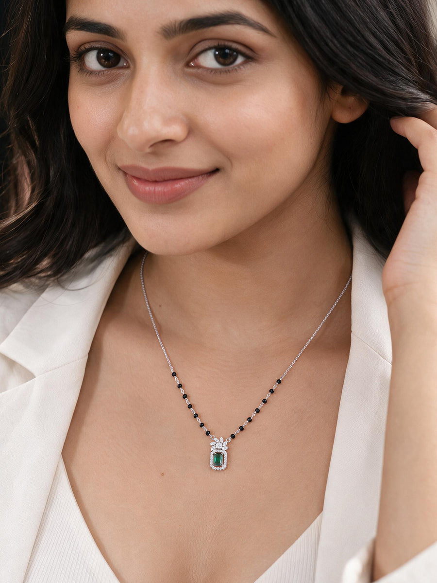 Green Emerald CZ Octagon Halo Silver Mangalsutra