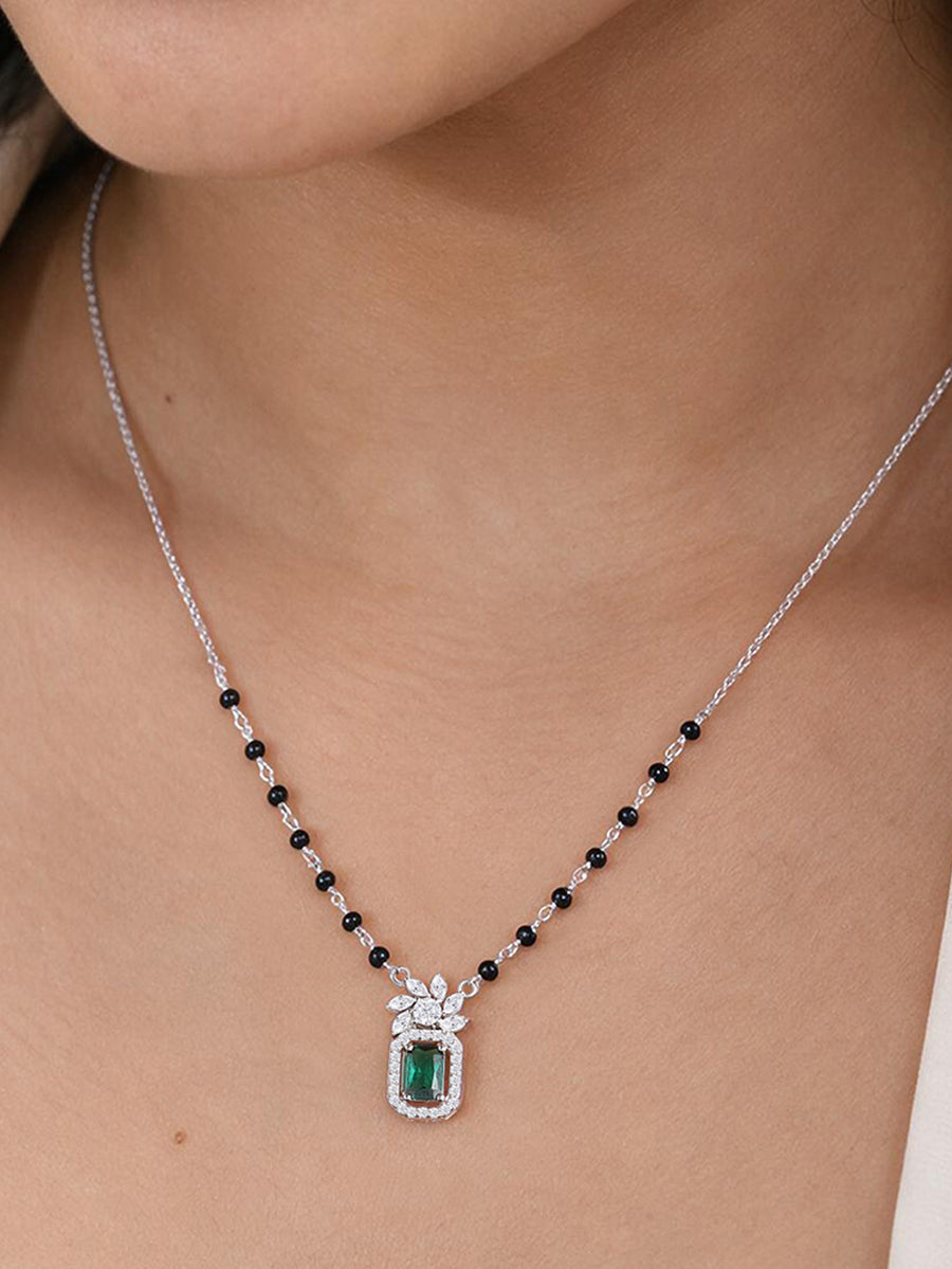 Green Emerald CZ Octagon Halo Silver Mangalsutra