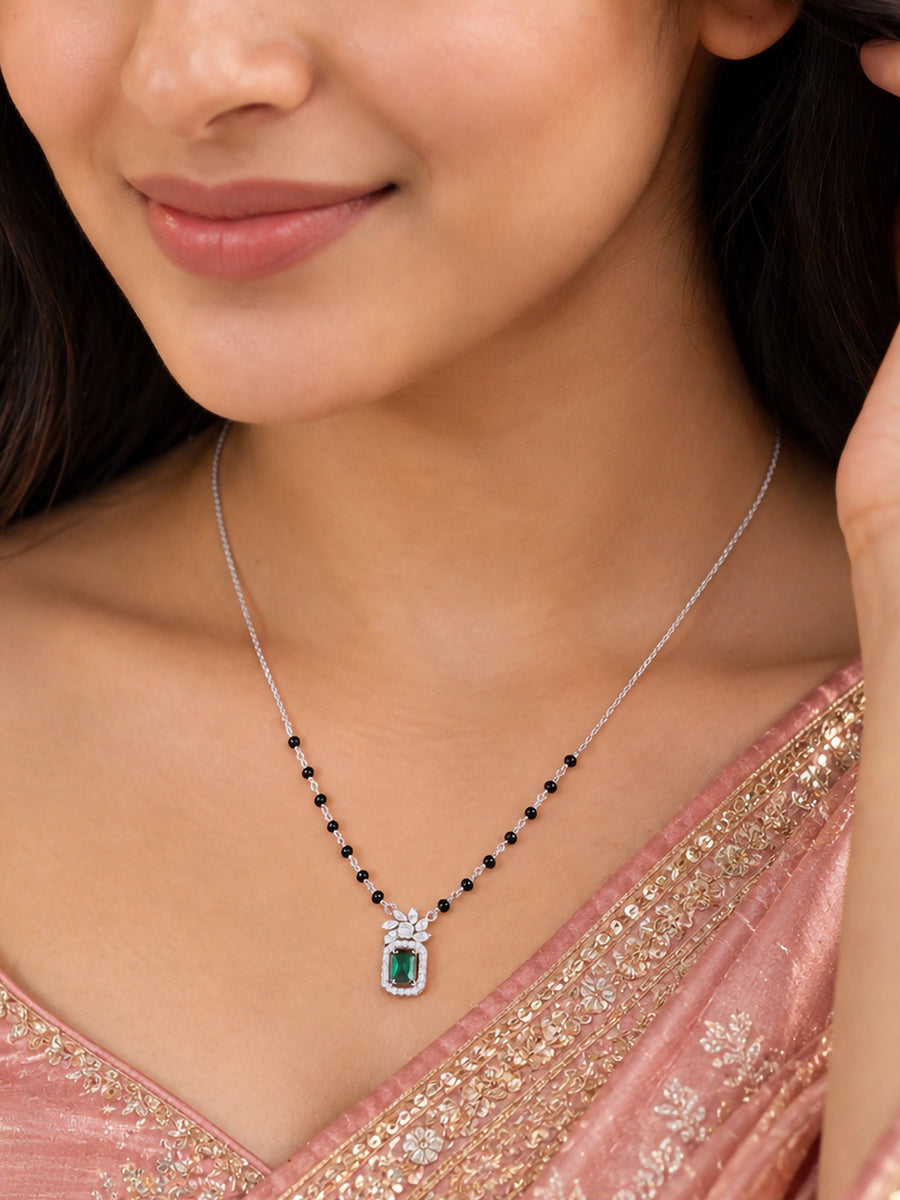 Green Emerald CZ Octagon Halo Silver Mangalsutra