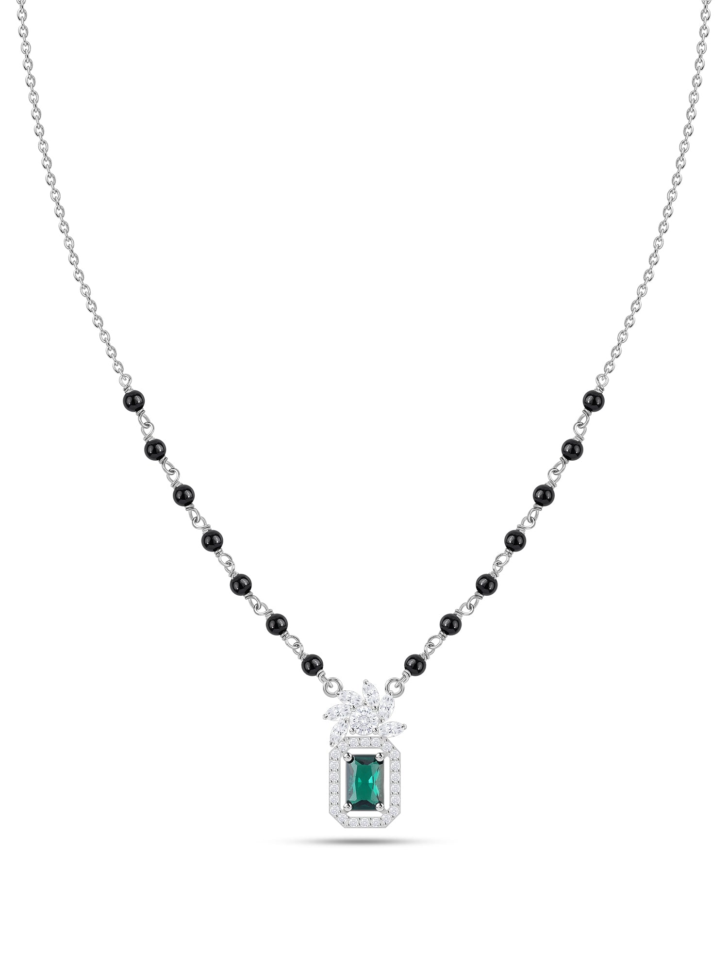 Green Emerald CZ Octagon Halo Silver Mangalsutra