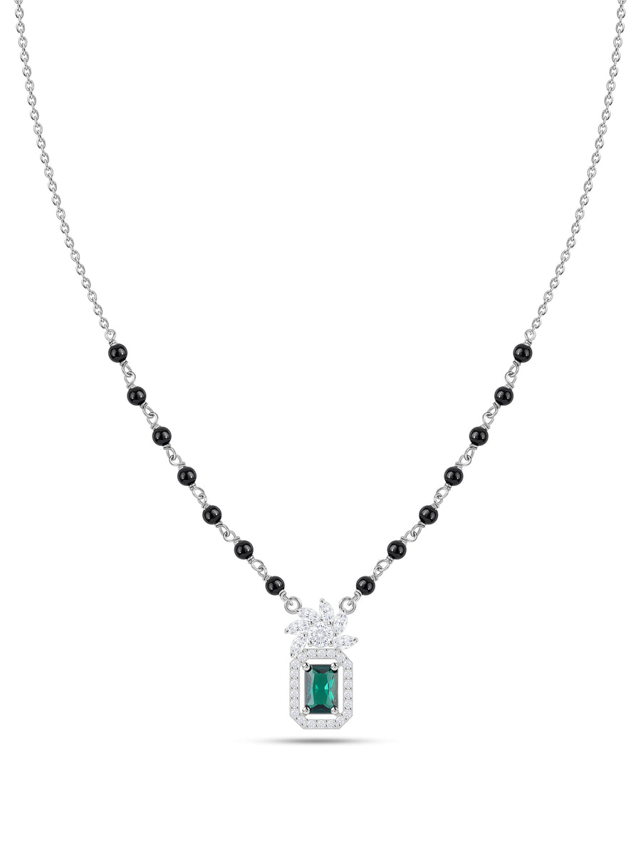 Green Emerald CZ Octagon Halo Silver Mangalsutra