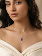 Blue Sapphire Gold Cross Pendant with Chain