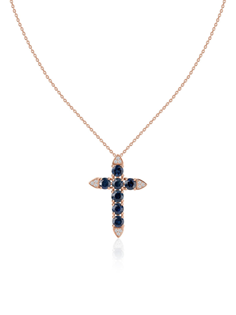Blue Sapphire Gold Cross Pendant with Chain
